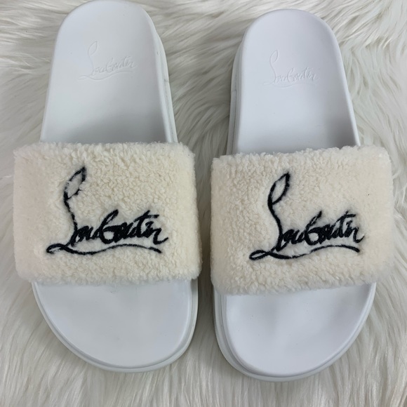 Christian Louboutin White & Navy Pool Donna Faux Fur Shearling Fuzzy Pool Slides - Picture 3 of 12